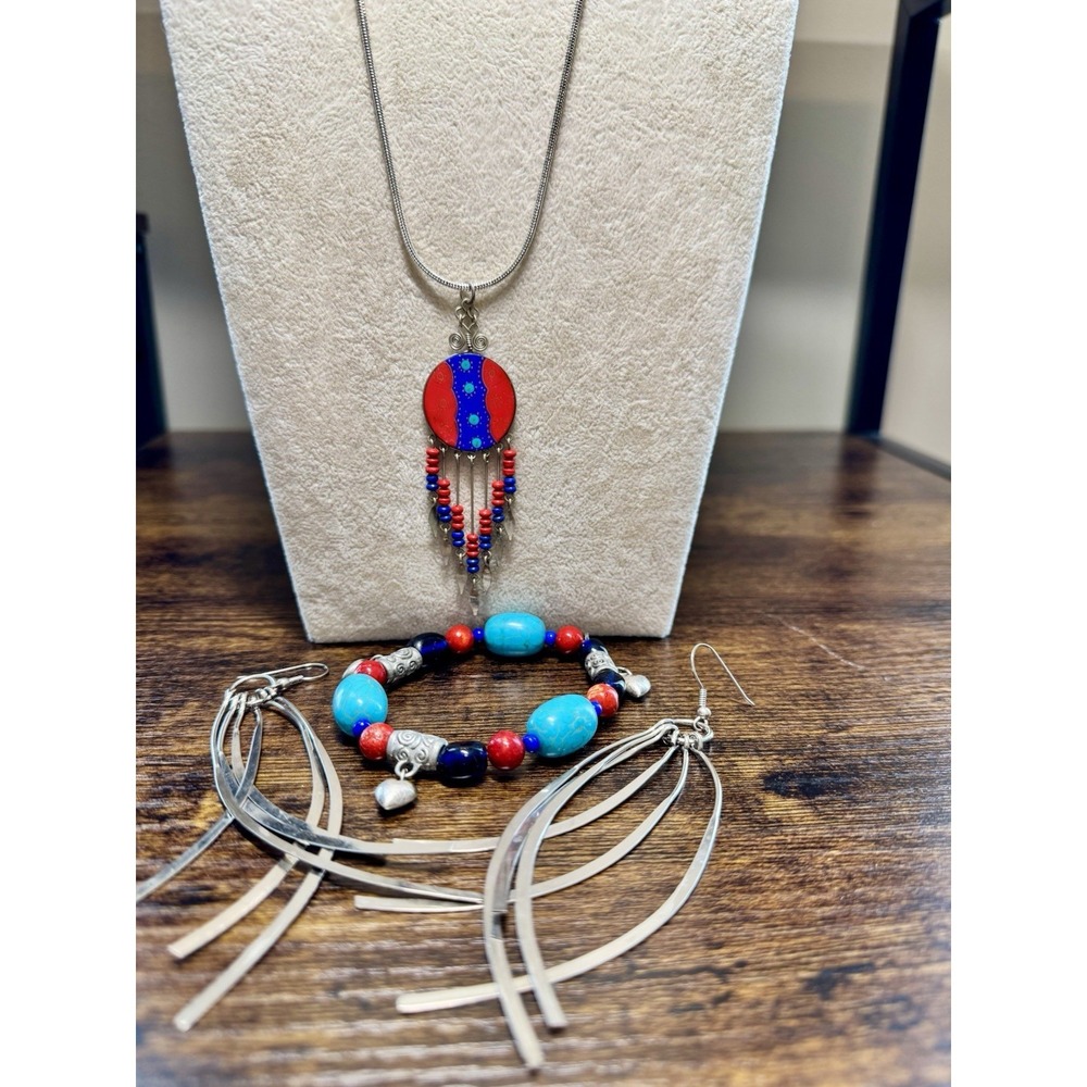 VTG Native Style Southwestern‎ Jewelry Set Necklace Earrings Bracelet Blue Red